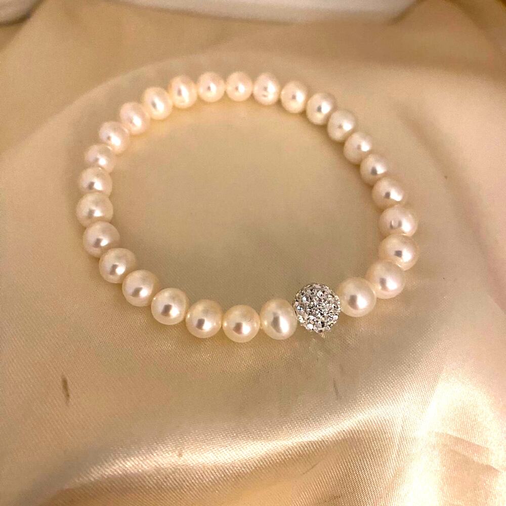 Cultured Freshwater Pearl Crystal Stretch Bracelet Small Bridal Graduation